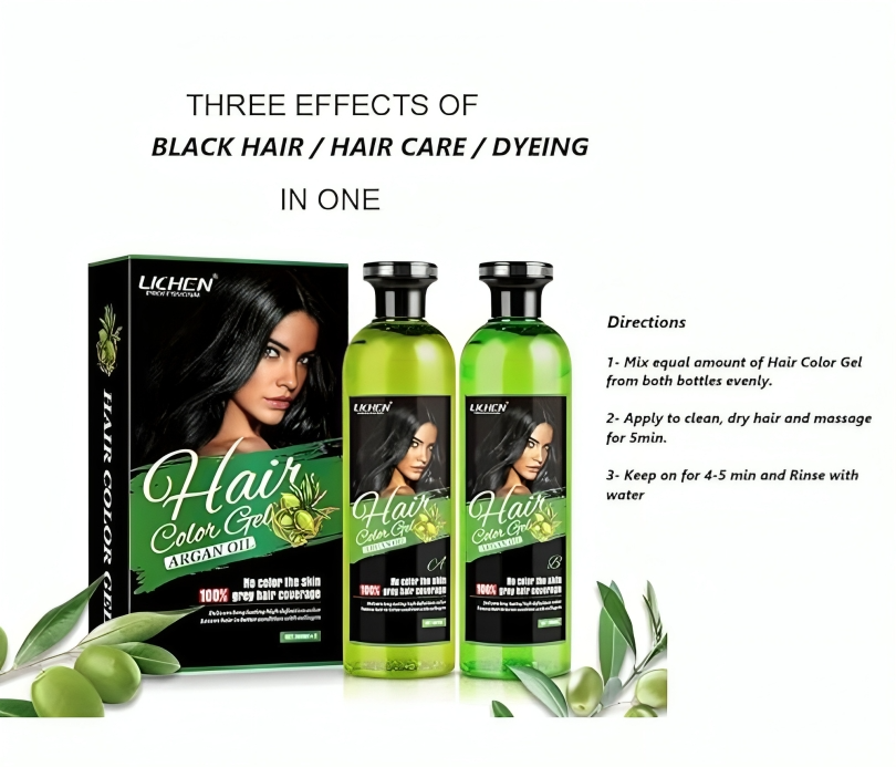 عرض قطعتين من جل صبغة الشعر الأسود العضوي بزيت الأرغان