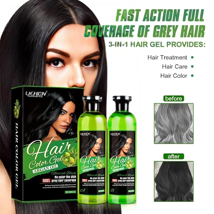 عرض قطعتين من جل صبغة الشعر الأسود العضوي بزيت الأرغان